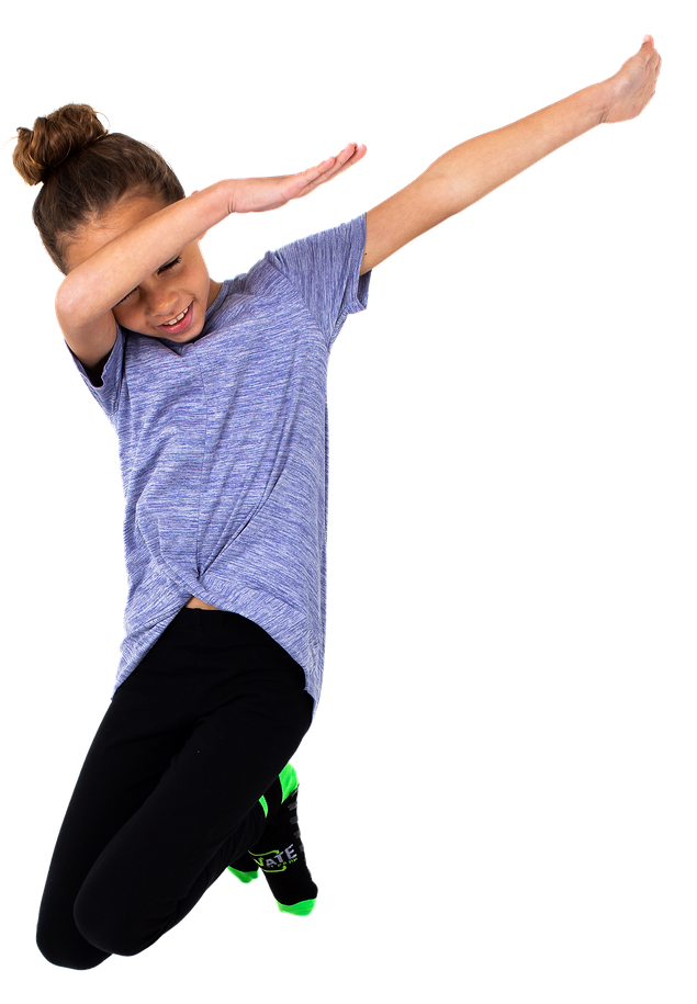 girl mid air pose on trampoline jump wearing elevate socks